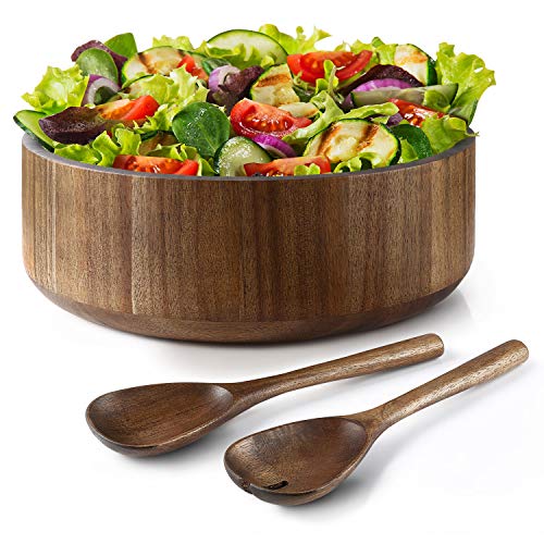 Miusco Natural Acacia Wooden Large Salad Serving Bowl with Tongs Set