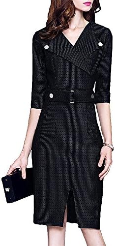 Patrickcain Career Pencil Dress V Neck Business Dress Female Buttocks Slim Bodycon Dress StripeLarge