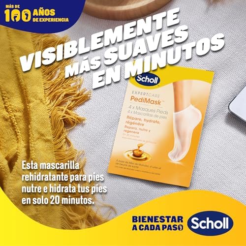 PediMask, Mascarilla para Pies Suaves con Miel de Manuka, Urea y Karité, Hidratación Profunda, Calcetines para Pies con Callos, Durezas y Grietas, Embalaje y Mascarilla Reciclables, 4 Pz