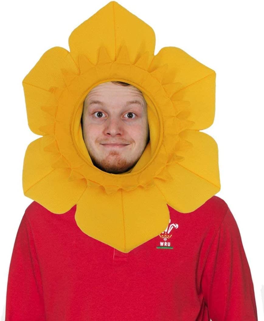 Welsh Daffodil Hat Football Rugby - Yellow Daffodil Hat With Attached Yellow Hood - World Cup Fancy Dress Accessory Hat Wales Welsh Sport Supporter Hat