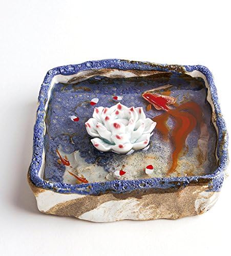 Artcer Square Ceramic Handmade Lotus Incense Holder Golden Fish Painting Ash Catcher Plate,Blue