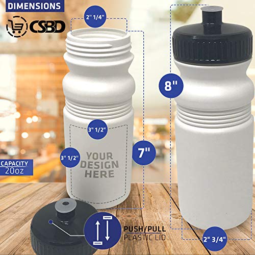 CSBD 20 oz Sports Water Bottles, 6 Pack, Reusable No BPA Plastic, Pull Top Leakproof Drink Spout, Blank DIY Customization for Business Branding, Fundraises, or Fitness White Bottle Black Lids