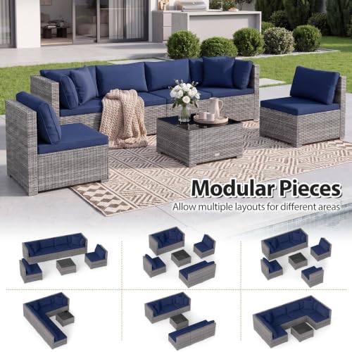 Tangkula 7 Pieces Wicker Patio Furniture Set, Outdoor Sectional Rattan Sofa Set with Seat & Back Cushions, Pillows, Coffee Table, Modular Conversation Set for Backyard, Poolside, Deck & Garden (Navy)