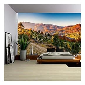 Majestic Colorful Landscape with Sunny Beams at Mountain Valley. Natural Park. Dramatic Morning Scene - Removable Wall Mural | Self-Adhesive Large Wallpaper - 66x96 inches