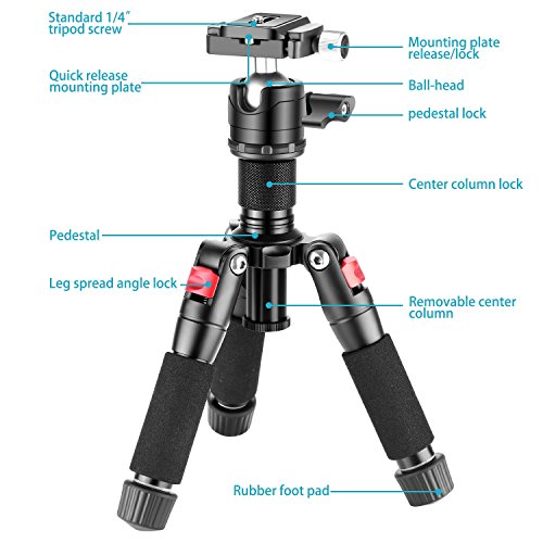 NEEWER Mini Trépied pour Appareil Photo avec Rotule à 360° en Alliage d’Aluminium 20″/50cm 1/4″ Plaque Rapide de Type Arca,Trépied de Voyage de Bureau Portable pour Caméscope DSLR, Charge Max:11lb/5kg
