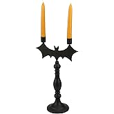 Primitives by Kathy Decorative Candle Holder, from Our Halloween Collection, Features a Classic Candlestick Design in Matte Black with a bat Shaped Holder on top