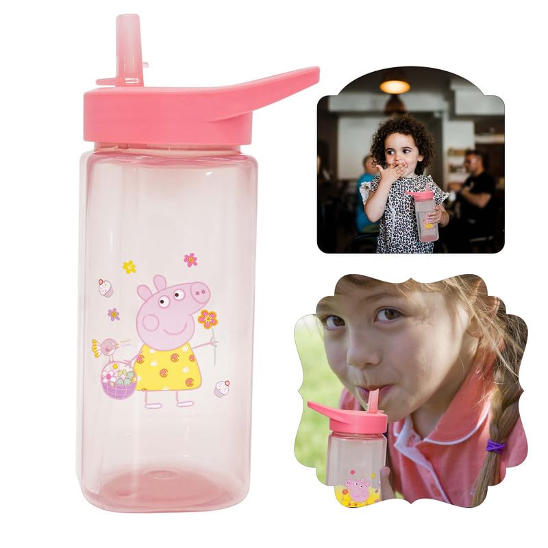 SRVertex Kids Water Bottle with Straw, 420ml Peppa Pig Plastic Water Bottle Square Drink Bottle Pink BPA Free Straw Sipper for Kids 6+ Months
