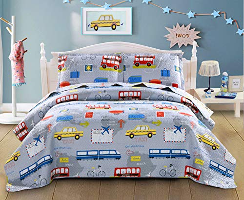 3-Piece Kid\'s Cartoon Public Transportations Quilted Bedspread Coverlet Twin(86x68 Inches),Car,Tax,Bus,Subway Printed Lightweight Quilt Set,Reversible Bedding Set for Boys Girls Children (Twin,Yellow)