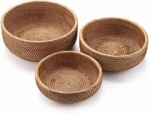 YANGQIHOME Natural Rattan Round Fruit Basket Bowls, Handwoven Storage Serving Baskets, Wicker Organizer for Dinning Room (Set of 3)