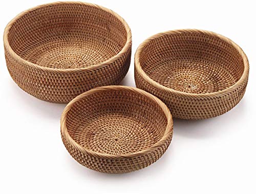 Photo 1 of YANGQIHOME Natural Rattan Round Fruit Basket Bowls, Handwoven Storage Serving Baskets, Wicker Organizer for Dinning Room (Set of 3)