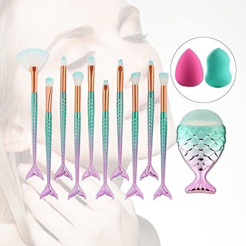 Neodot 11PCS Mermaid Makeup Brushes Set Blush Face Powder Lips Eyeshadow Makeup Brushes Kit with Big Fish Foundation Beauty Sponges Puff Free Gift
