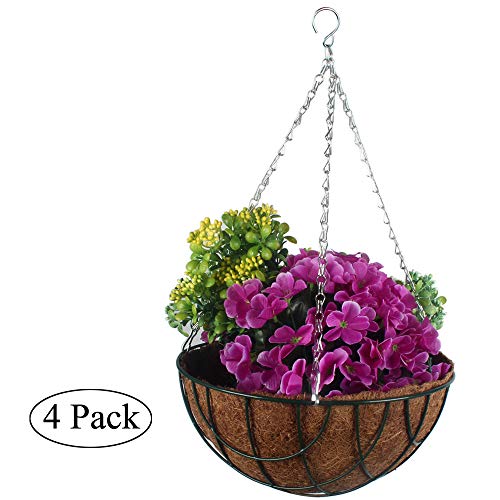 Casolly 4 Pack Metal Hanging Planter Basket with Coco Coir Liner with Chain Porch Decor Flower Pots Hanger Garden Decoration Indoor Outdoor (12 Inch)