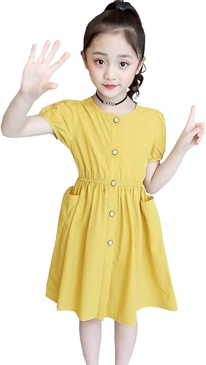 Amazon 女の子 半袖 ワンピース 綿麻 シャツ 子供ドレス ジュニア Aライン コットン 無地 ラウンドネック かわいい 通園 通学 カジュアル 発表会 春 夏 3色 110 170 ワンピース チュニック 通販