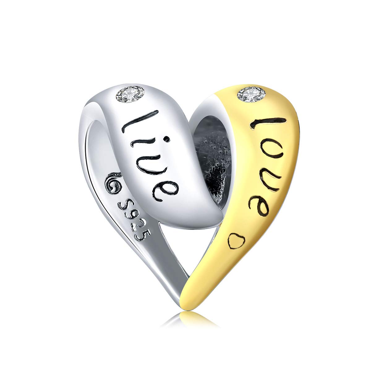 Live Love Laugh Charms 925 Sterling Silver in Love Heart Golden Charms fit Pandora Charm Bracelets for Women