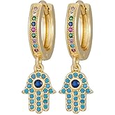 Rofeego Hoop Earrings with Hamsa/Lucky Hand Dangle Charms, Pave turquoise and Multicolor Stone