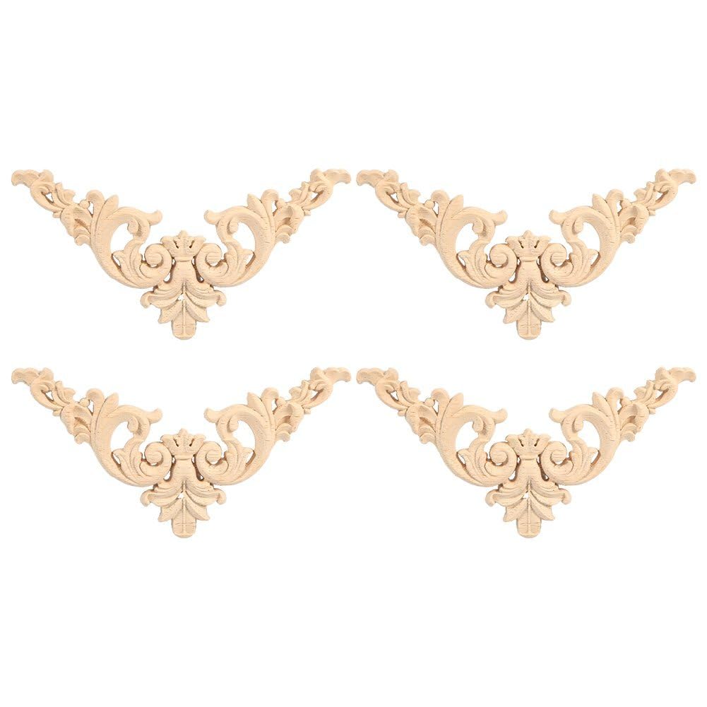 Wood Carved Mouldings Applique Corner,4PCS Unpainted European-Style Decorative Solid Wood Decals Flower Shape for Furniture Door Cabinet Cupboard (12 * 12)