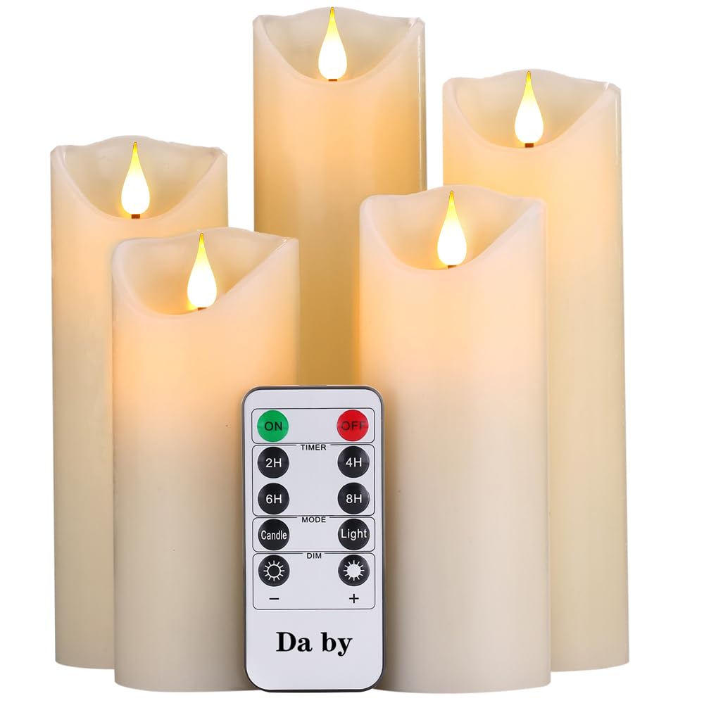 Da by Flameless Candles 13/14/16/18/20cm Set of 5 Realistic Dancing LED Flickering Wick for Parties,Home,Public Elegant Events, Battery Powered, 10-Key Remote Control, Ivory Color.
