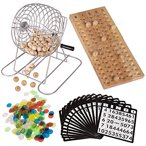 Deluxe 9" Metal Bingo Set; Silver Bingo Game with Wooden Bingo Balls and Bingo Board; 200 Color Bingo Markers