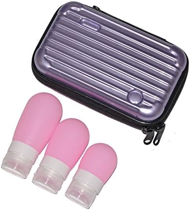Clearance Sale Travel Kits Toiletry Bag Case Makeup Organizer + 3pcs Silicone Refillable Bottles Containers Tube Jar 38 60 80 ml for Toiletries Shampoo Lotion Gifts (Silver Purple Case + Pink Bottles)