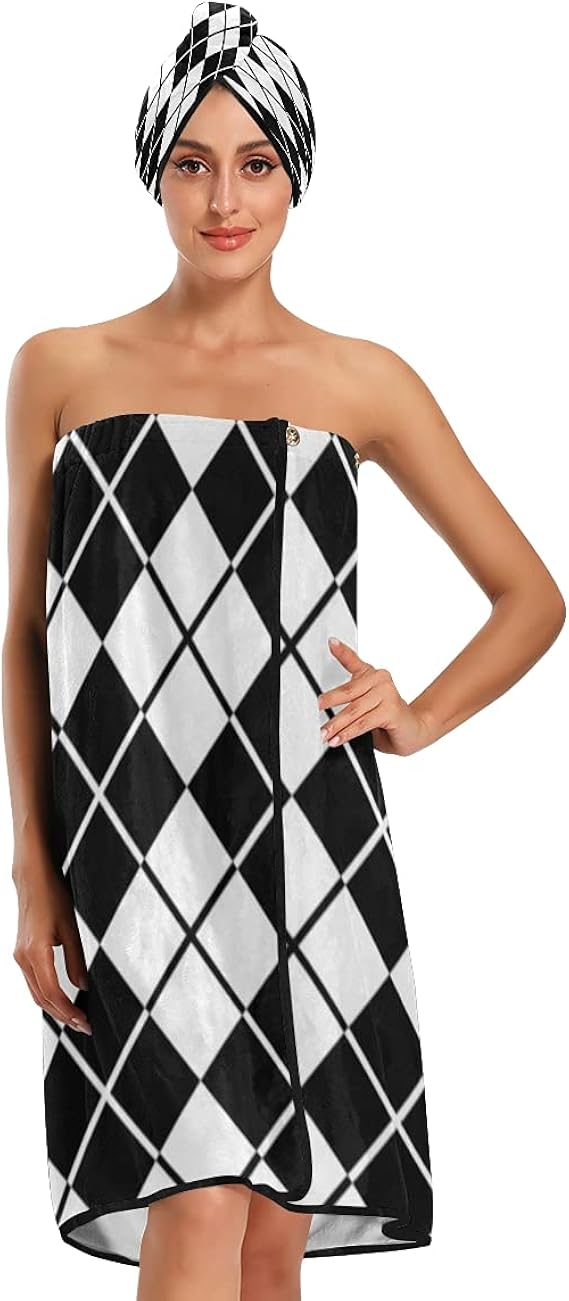 Towel Wraps Black White Diamond Shape Ornament Velcro Towel Wrap For