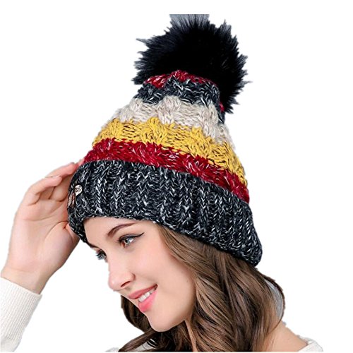 Chickwin Women Hat Pom Pom, Faux Fur Winter Fleece Lined Beanie (black)