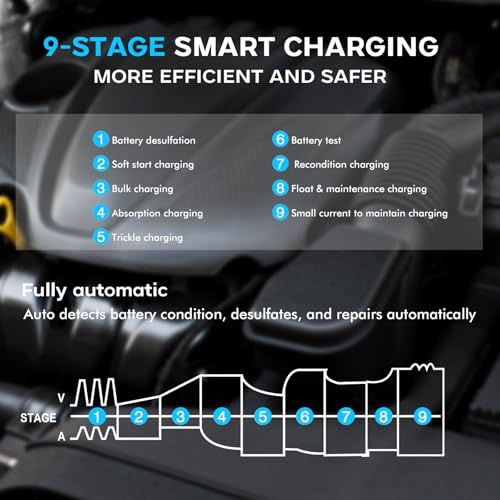 30A Car Battery Charger, Haisito 6V/12V/24V Charger and Holder for AGM Gel SLA EFB LiFePO4 9 Stage Auto Charger with LCD Display for Car Motorcycle