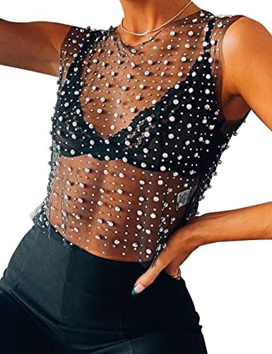 Women Pearl Rhinestone Mesh Cropped Tank Top Crewneck Sleeveless