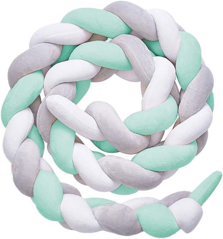 QINGLOU cot Bumper Braid Pillow,Baby Head Guard Bumper Knot Braid Pillow Cushion, Decorative Pillow for Baby Nursery Crib Bedding (White + Green + Gray, 100cm)