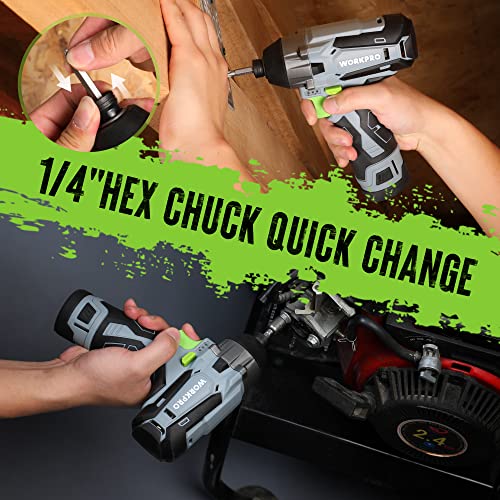 WORKPRO Cordless Impact Driver Kit, 1/4” Hex Electric Impact Drill/Driver Set with 12V 2.0Ah Lithium-ion Battery, 1 Hour Fast Charge, Variable Speed, 14pc Driver Bits and Tool Bag Included