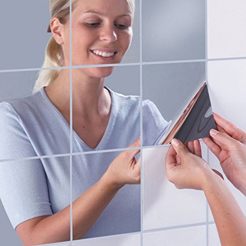 16 Pieces Per Lot Reflective Mirror Mosaic Square Decorative Wall Stickers Self-adhesive Mirror Tiles Stickers (Silver)