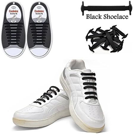 No Tie Silicone Shoelace, Elastic Shoelace, Sports Fan Shoelaces, 16 pack/pair, Black, Adult Size