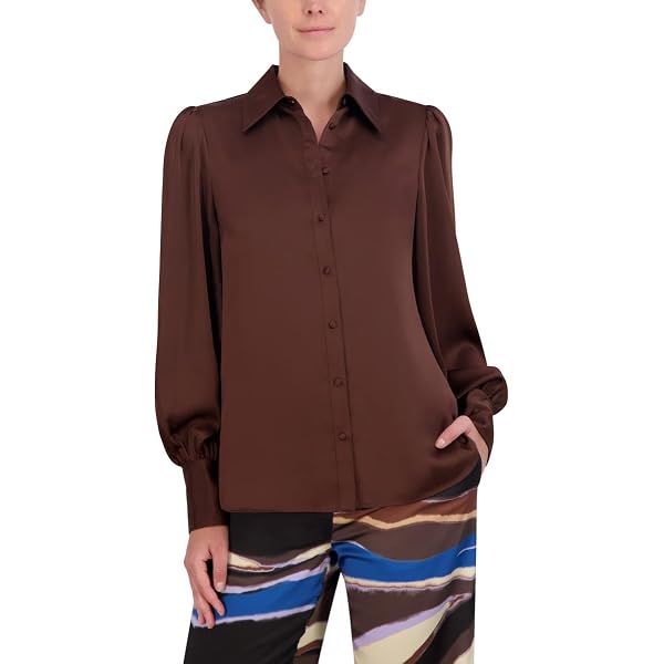 BCBGMAXAZRIA Women's Collar Neck Long Balloon Sleeve Satin