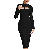 UONBOX Women's Sexy Cut Out Long Sleeves Midi Bodycon Party Bandage Dress