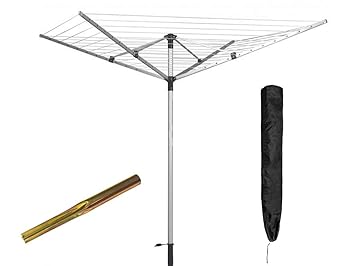 Wäschespinne, Für den Garten, 4-armig, Wäschespinne, Wäscheständer mit Wäscheleine, mit Metall-Erdspieß und Abdeckung