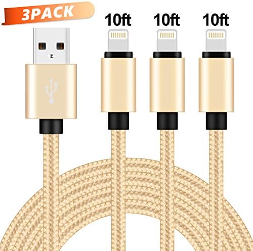 Loisa Lightning Cable 3Pack 10FT Nylon Braided Certified iPhone Cable USB Cord Charging Charger for iPhone X 8 7 Plus 6S 6 SE 5S 5C 5, iPad 2 3 4 Mini Air Pro, iPod Nano 7 Gold