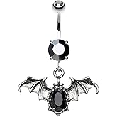 Pierced Owl 14GA Stainless Steel CZ Crystal Bat Dangling Belly Button Ring