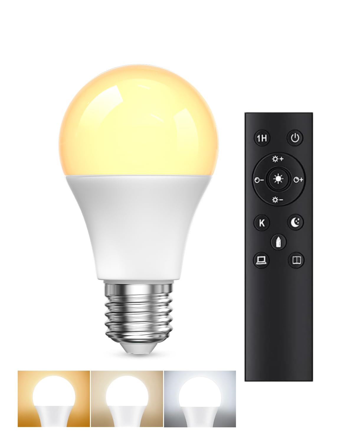 A19 LED Light Bulbs with Remote Control, 9W LED Bulbs 60W Equivalent, 3000K-6000K Stepless Dimmable, E27 Base, Remote Control Light Bulbs with Timing, Memory Function, for Home Decor, 1Bulb & 1Remote
