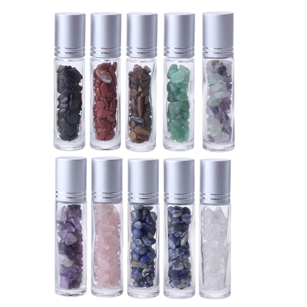 FOMIYES 10pcs 10ML Gemstone Roller Bottles Refillable Roll On Bottles with Lids Healing Crystal Chips Inside for Perfumes Aromatherapy Essential Oils