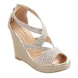 Bella Marie Santo-11 Women's Rhinestone Platform Wedge Sandal,Champagne,8.5