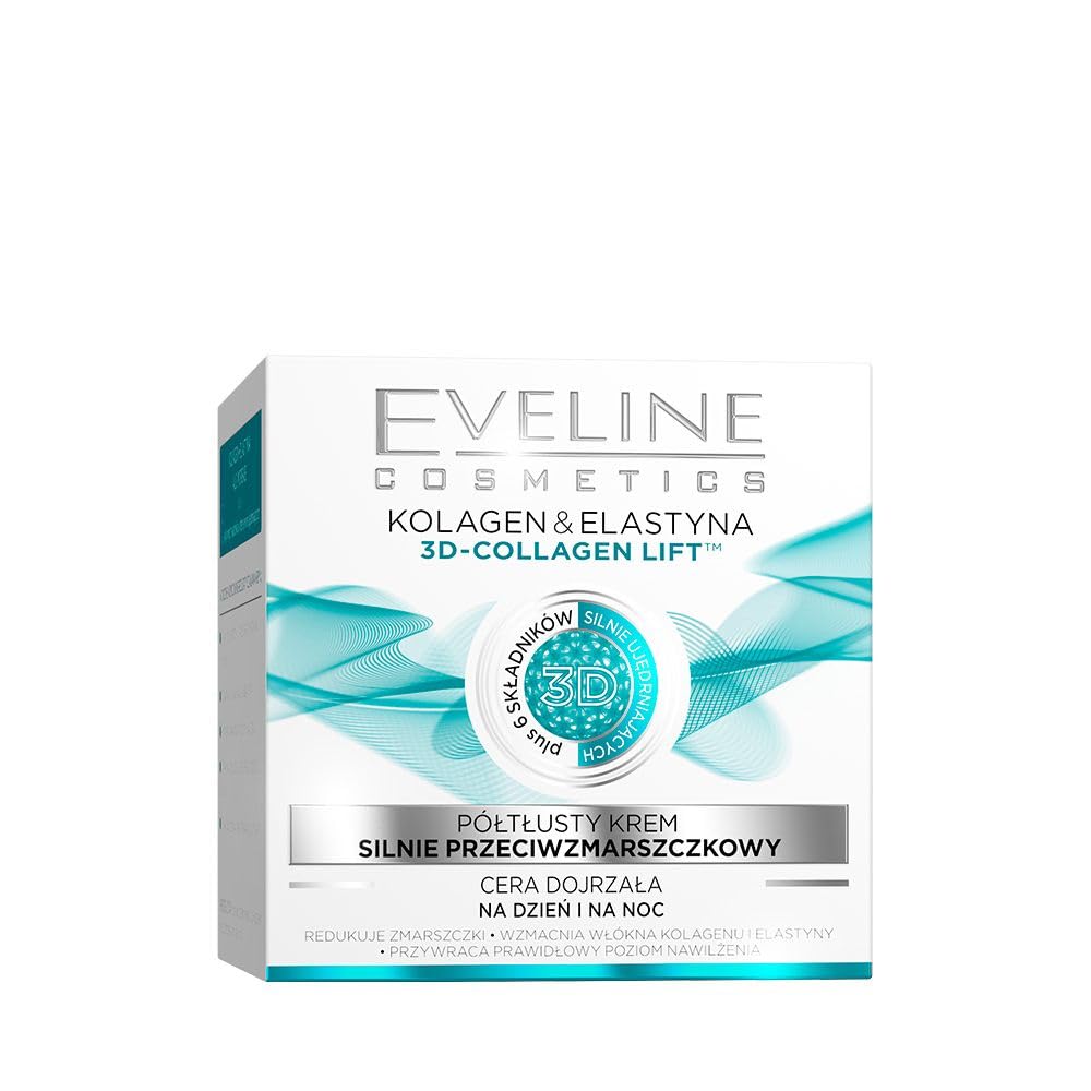 Eveline Cosmetics Kolagen & Elastyna Advanced Anti-Wrinkle Cream for Mature Skin, Day/Night Formula with Six Firming Ingredients - Vegan, 50ml