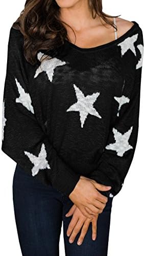 Womens Off The Shoulder Sweater Long Bat Sleeve Star Oversized Knit Jumper Pullovers