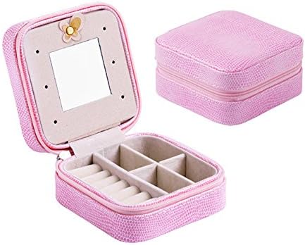 Hers Small Faux Leather Travel Jewelry Box Organizer Display Storage Case with Mirrow for Rings Earrings Necklace(Pink)