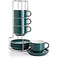 Sweejar Porcelain Cappuccino Cups with Saucers and Metal Stand, 8 Ounce Stackable Espresso Cups for Specialty Coffee Drinks, Latte, Americano, Tea - Set of 4 (Jade)