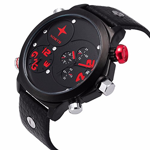 Fizili n-6005 men black leather dual time zone quartz watch