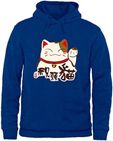 Women's Cotton Long Sleeve Cute Fortune Cat Pattern Casual Pullover Hooded Sweatshirt Blue S