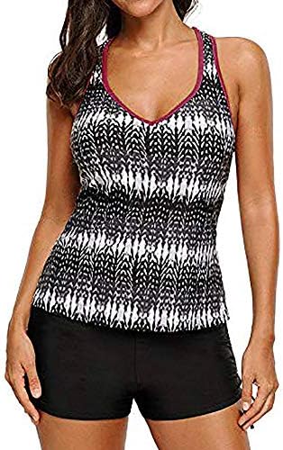 Caopixx Swimsuit for Women Two Pieces Printed Tank Top with Boyshorts Bottoms Tankini Set Bathing Suits Beige