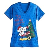 Disney Women Santa Mickey and Minnie Mouse Holiday Tee Blue