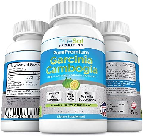 True Sol - Garcinia Cambogia Extract with Standardized 75% HCA - All Natural Appetite Suppressant and Weight Loss Supplement - 100% Pure