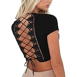 Antopmen Women Sexy Deep V Neck Short Sleeve Back Cross Tied Up Tee Backless Lace Crop Top (Large, Black)