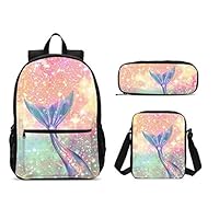 PrelerDIY Mermaid Tail Backpack Set 3 Piece 17 Inch Plus Book Bag Shoulder Bag Pencil Case for Boys Girls 1-6th Grade Kids Back to School